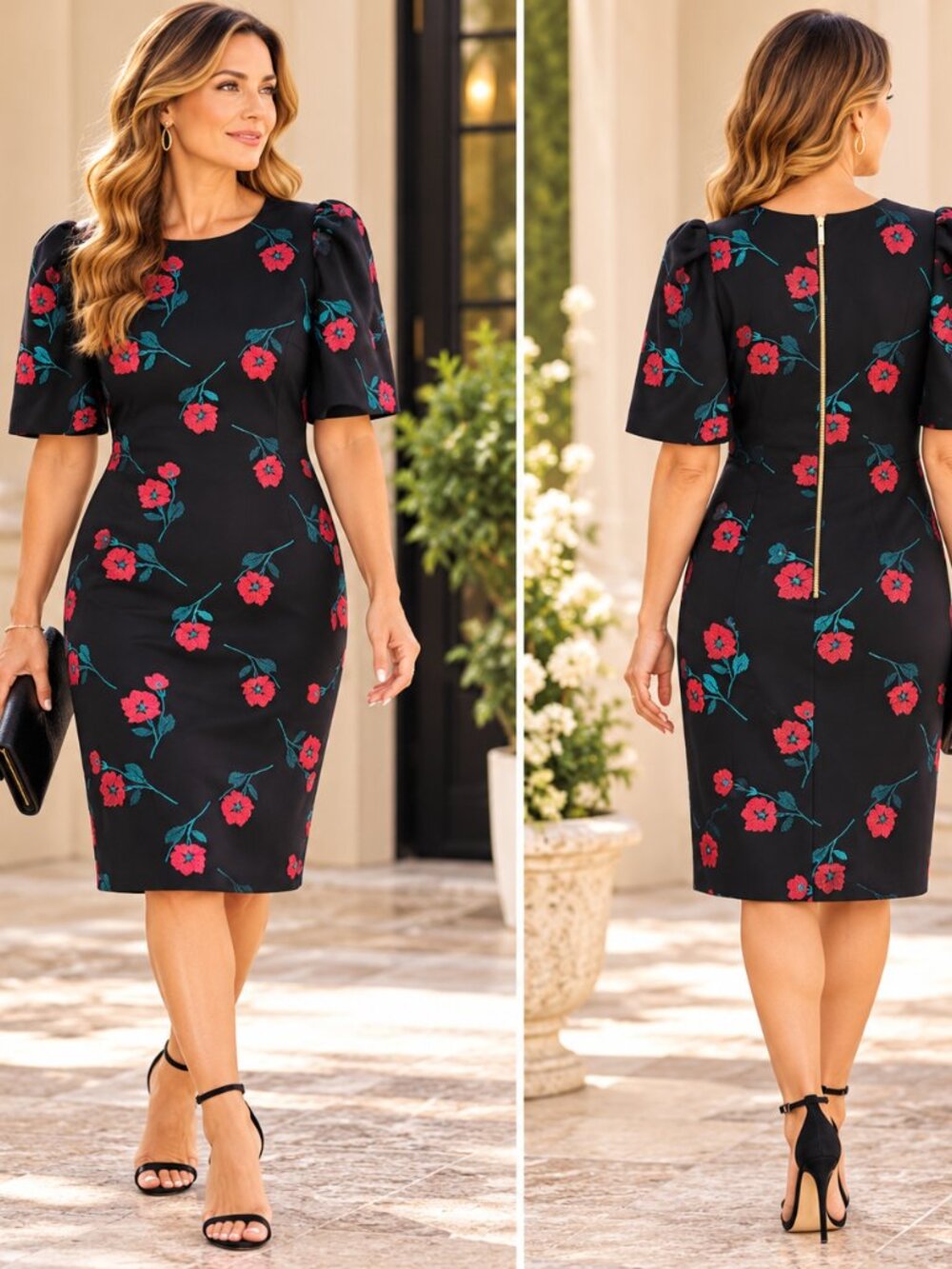 Calvin Klein Size 12 Black Floral Embroidered Sheath Dress Puff Sleeve Size 12